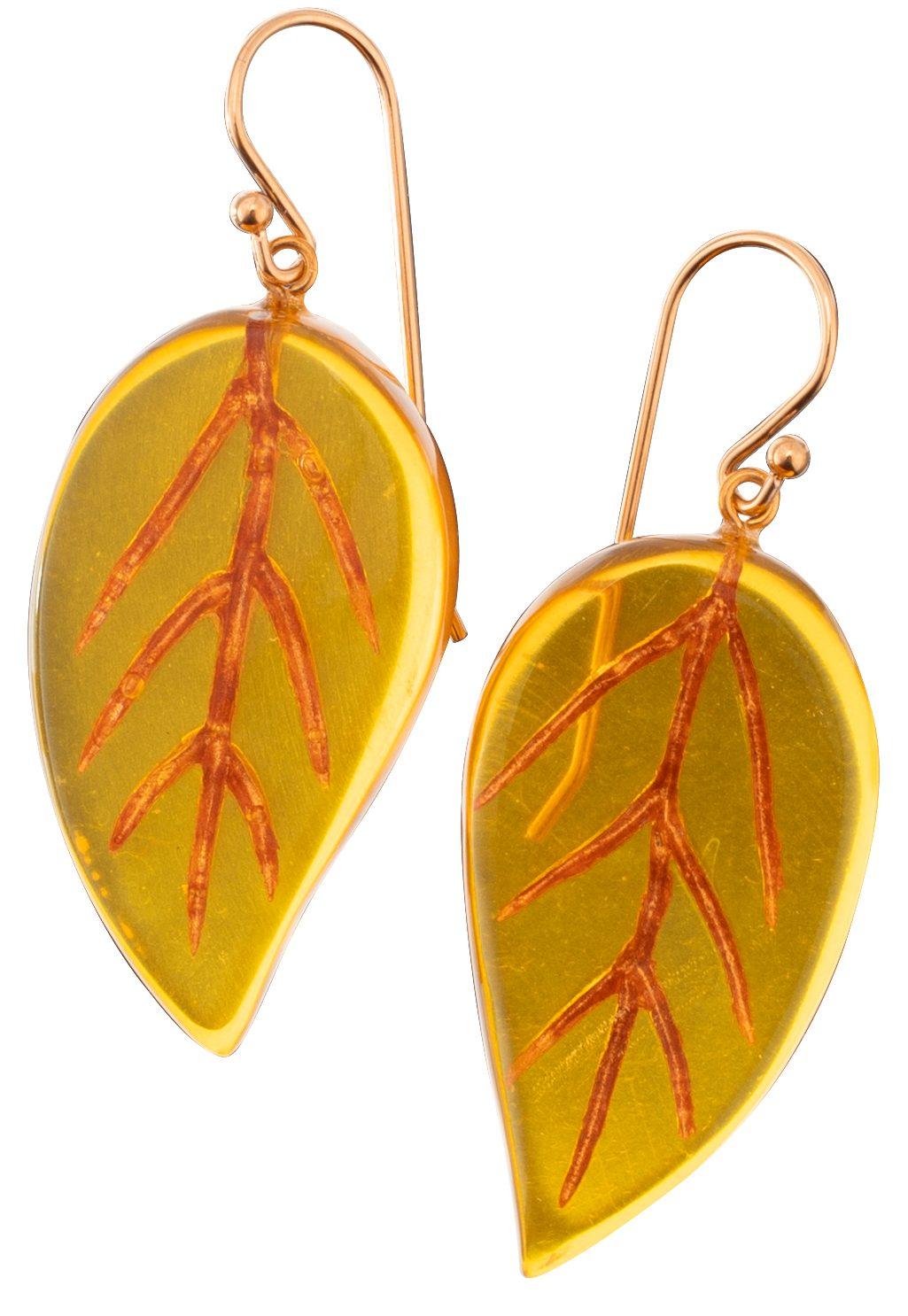 FOLIAGE 1-Bead Short Hook Earrings — Amber & Copper Leaf